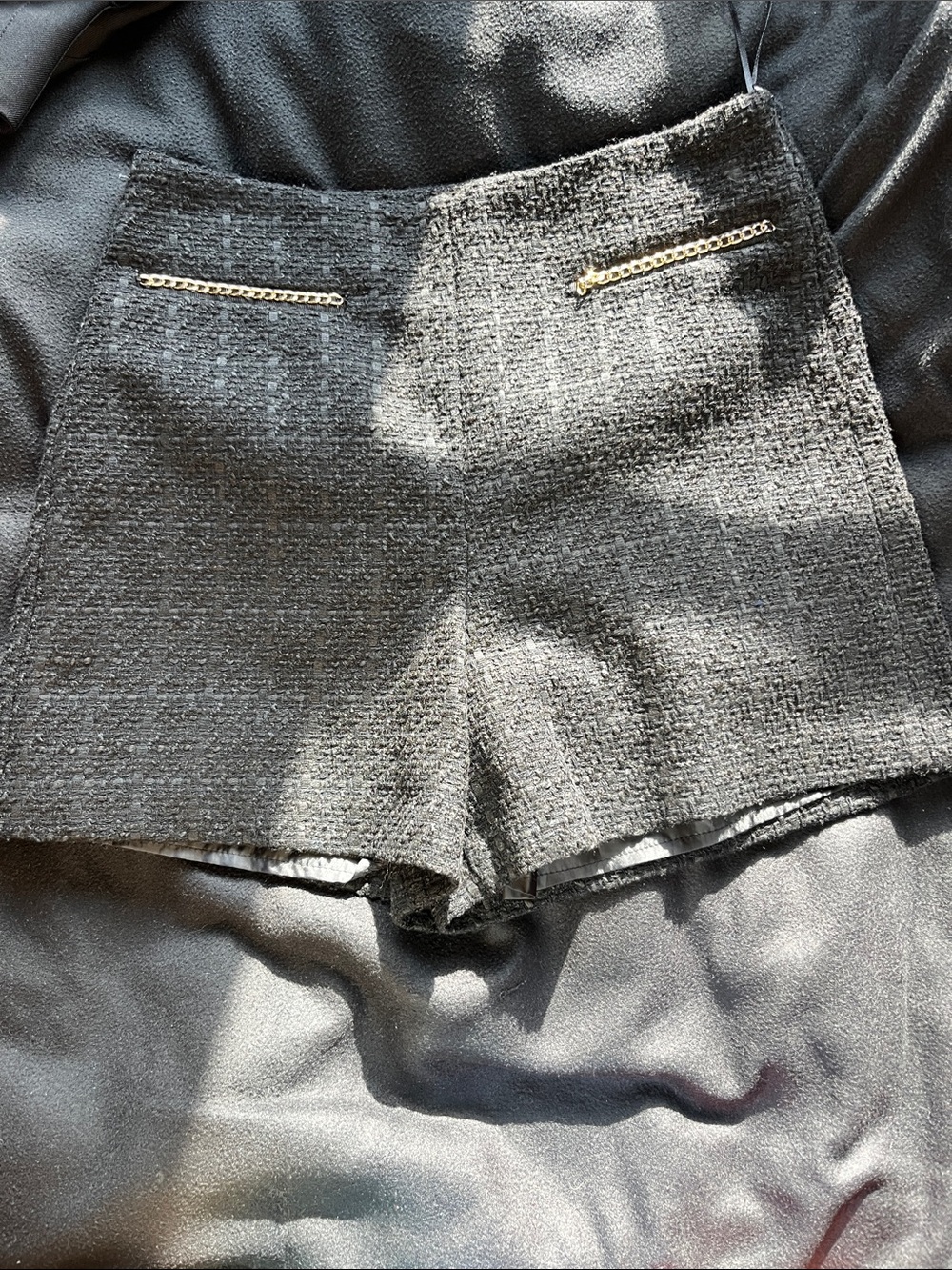 Primark Black High-Waist Tweed Shorts with Gold Chain Trim
